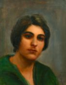 20th Century School, Head and shoulders of a lady wearing a green top, oil on canvas, 20