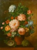 Thomas Webster (20th Century) A still life of mixed flowers in a vase, a birds nest and a bunch of