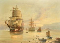 Michael Whitehand (b. 1941) British, British warships at anchor in a bay, oil on canvas, signed