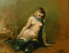 C. Fontallnro, French School, A semi clad female kneeling on a turquoise drape, oil on panel, signed