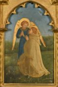 The Angel Gabriel standing next to a man at prayer, oil and gold ground on arched panel, 9.5