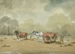 Bryan Conway (20th Century) British, 'February Fildyke', horses and workers in a field, watercolour,