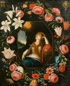 An Old Master painting of a female saint with a cross and a momento mori surrounded by a garland