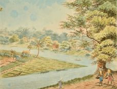 Circle of Thomas Daniell, Natives on a riverbank with a settlement beyond, watercolour, inscribed