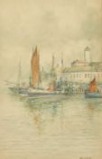 Victor Noble Rainbird (1888-1936) British, 'Old Shields', boats moored at a quay, watercolour,
