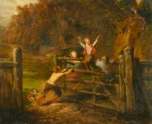 19th Century English School, a scene of children playing on a gate with a field and trees beyond,