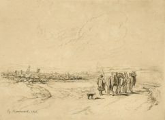 George Morland, an engraving of figures, horses and sheep in a landscape, 6.75