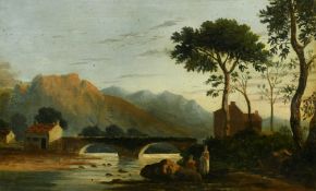 Circle of John Varley (19th Century) A river landscape with houses, a bridge and figures
