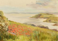 H.E. Hutchinson, A lone man walking towards a lake in the moonlight, oil on canvas, 8