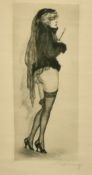 Max Brunning (1887-1968) German, two etchings of scantily clad female figures in suggestive poses,