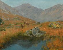 20th Century, Deer in the Highlands, oil on board, 13