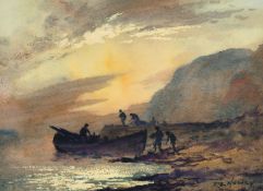 Robert Leslie Howey (1900-1981) A moored fishing boat with nets drying and a flock of seagulls