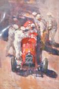Dexter Brown (b. 1942) British, mechanics gathered around an Alfa Romeo, coloured print, limited