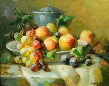 J. Howard (20/21st Century) A pair of still life paintings of fruit, grapes, apples and plums on a