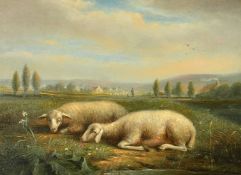 19th Century Continental School, resting sheep with a figure and town beyond, oil on panel, 7.5