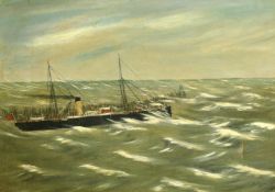 Alfred J. Jansen (1863-1943) An anchored steamboat on choppy seas, oil on canvas, signed,