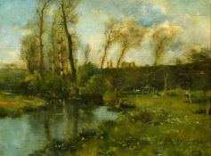 F. Rotig, circa 1892, a river landscape, oil on canvas, signed dated and dedicated, 10.75
