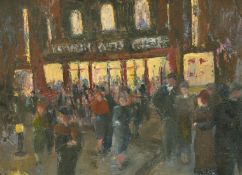 20th Century, figures conversing on a street at night, oil on board, 14