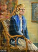 R. Harland (20th Century) Portrait of a seated lady wearing a blue jacket, signed, 16