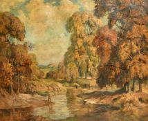James Torrington Bell (1898-1970) British, figures on a tree lined river, oil on canvas, signed, 25