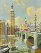 Bert Pugh (1904-2001) British, A view of the Houses of Parliament from across the river, oil on