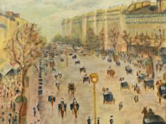 Renee Rogale, 20th Century, figures and horses on a busy Paris Street, oil on board, signed with