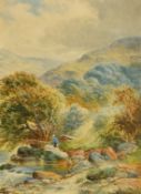 William Henry Mander (1850-1922) A fisherman standing on the edge of a stream with mountains beyond,