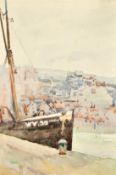 John. W. Wadsworth, A fishing boat tied up in Whitby harbour, watercolour, signed, 14.5