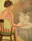 Renee Rogale, 20th Century, a study of a female nude sat beside a jug, signed, oil on board, 17