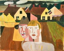 Style of Gustave de Smet, figures in a farm landscape, gouache on paper, bears signature, 15