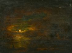 18th Century School, a figure by a river under moonlight, oil on panel, 10.25