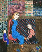 Dora Holzhandler (1928-2015) British/French, female figures in a shoe shop, oil on canvas, 24