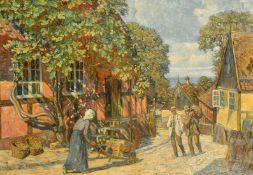 Carl Budtz-Moller (1882-1953) Danish, figures on a street in a coastal town, oil on canvas, signed