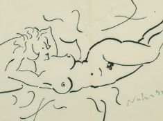Kanwaldeep Singh Kang, signed Nicks (1964-2007) British, an ink study of a reclining female nude,