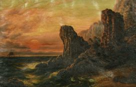 19th Century School, a scene of mounted figure approaching a village by moonlight, oil on canvas,