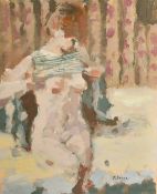 J. Boyer (20th Century), a female nude figure putting her top on, oil on board, signed, 9.75