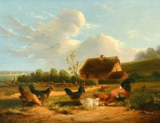 19th Century Continental School, chickens in a farmyard, oil on panel, indistinctly signed and