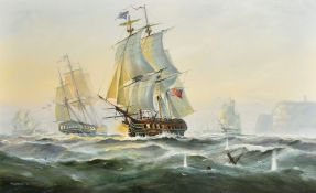 Michael Whitehand (b. 1941) British, British and American warships engaging in battle, oil on