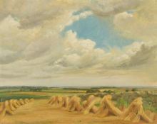 Circle of Arnseby-Brown (20th Century) Corn stooks by a dry stone wall with a flat landscape beyond,