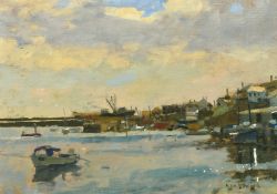 Ken Howard (b. 1932) British, 'Newlyn', fishing boats in a harbour, oil on canvas, signed, 10