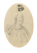 Circle of Edward Matthew Ward, A pencil drawing of a young woman holding a basket of flowers, 6