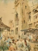 Circa 1886, a scene of figures and a camel by North African buildings, watercolour, indistinctly