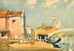Edward Wesson (1910-1983) British, figures and gondolas by buildings in Venice, watercolour,