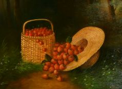 K. Mills (20th Century) A still life of cherries in a basket and strawberries with a straw hat,