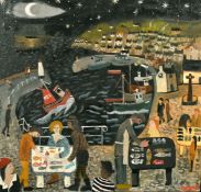 Alan Furneaux (b. 1953) British, figures at fish market at night in Penzance with a sailboat