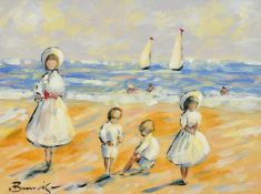 Walter John Beauvais (1942-1998) British, 'Children on the beach', gouache, signed, label verso,