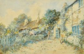 Leyton Forbes (Early 20th Century) British, a female figure outside a country cottage, 11