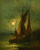 Rudolf Giffinger (19th Century), A Dutch barge unloading by moonlight, oil on panel, signed, 20.5