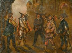 19th Century Continental School, A scene of cavaliers preparing for a duel, oil on canvas, 10.5