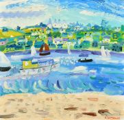 Alan Furneaux (b. 1953) British, 'Newlyn', a scene of boats in a harbour, oil on board, signed,